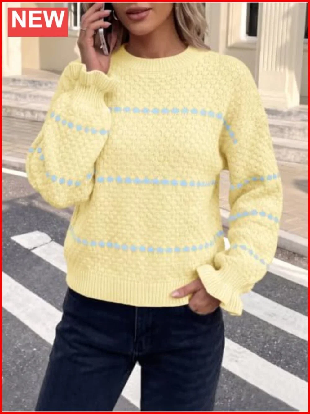 Oversized Chunky Heart Pattern Crew Neck Lantern Sleeve Pullover Sweater